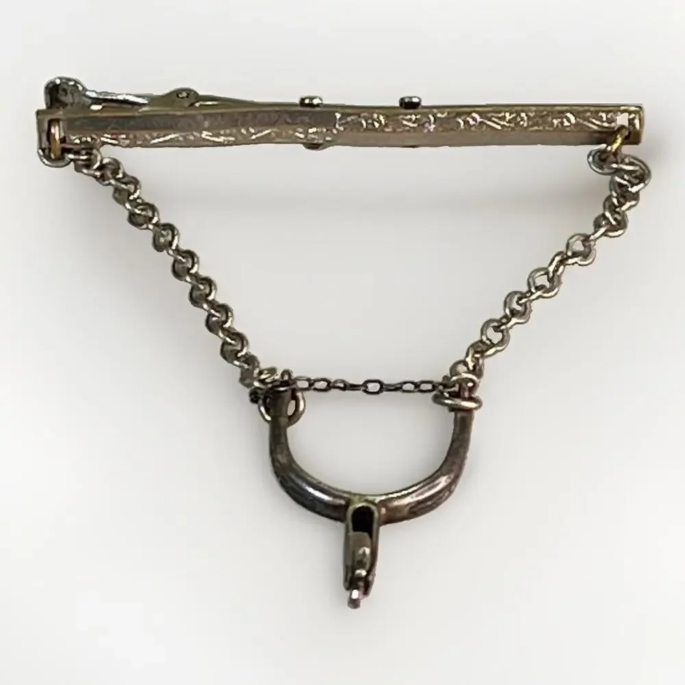Vintage Sterling Silver Boot Spur Tie Clip Chain Silver Tone Western Cowboy 3”